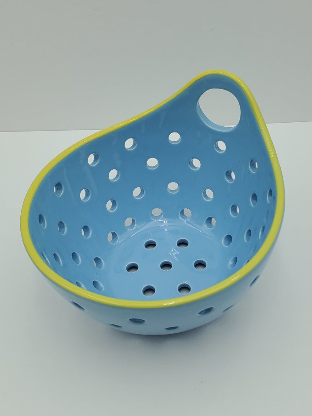 Kirkland's Home Blue Ceramic Colander Pasta Drainer Fruit Bowl